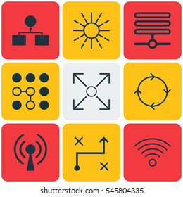 Set Of 9 Robotics Icons. Includes Wireless Communications, Radio Waves, Branching Program And Other Symbols. Beautiful Design Elements.