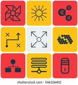 Set Of 9 Robotics Icons. Includes Information Base, Algorithm Illustration, Solution And Other Symbols. Beautiful Design Elements.