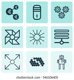 Set Of 9 Robotics Icons. Includes Cyborg, Hive Pattern, Branching Program And Other Symbols. Beautiful Design Elements.