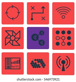 Set Of 9 Robotics Icons. Includes Solution, Algorithm Illustration, Computing Problems And Other Symbols. Beautiful Design Elements.