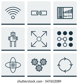 Set Of 9 Robotics Icons. Includes Computing Problems, Wireless Communications, Recurring Program And Other Symbols. Beautiful Design Elements.