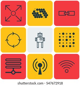 Set Of 9 Robotics Icons. Includes Cyborg, Variable Architecture, Radio Waves And Other Symbols. Beautiful Design Elements.