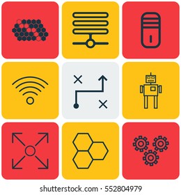 Set Of 9 Robotics Icons. Includes Information Components, Mainframe And Other Symbols. Beautiful Design Elements.