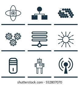 Set Of 9 Robotics Icons. Includes Atomic Cpu, Mechanism Parts, Analysis Diagram And Other Symbols. Beautiful Design Elements.