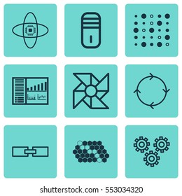 Set Of 9 Robotics Icons. Includes Atomic Cpu, Hive Pattern, Mainframe And Other Symbols. Beautiful Design Elements.