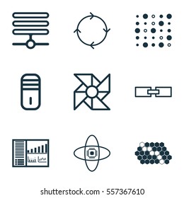 Set Of 9 Robotics Icons. Includes Hive Pattern, Controlling Board, Variable Architecture And Other Symbols. Beautiful Design Elements.