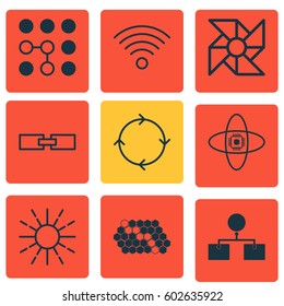 Set Of 9 Robotics Icons. Includes Laptop Ventilator, Recurring Program, Hive Pattern And Other Symbols. Beautiful Design Elements.