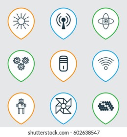 Set Of 9 Robotics Icons. Includes Wireless Communications, Laptop Ventilator, Lightness Mode And Other Symbols. Beautiful Design Elements.