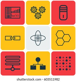 Set Of 9 Robotics Icons. Includes Controlling Board, Mainframe, Atomic Cpu And Other Symbols. Beautiful Design Elements.