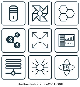 Set Of 9 Robotics Icons. Includes Atomic Cpu, Branching Program, Algorithm Illustration And Other Symbols. Beautiful Design Elements.