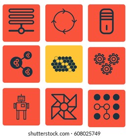 Set Of 9 Robotics Icons. Includes Computing Problems, Algorithm Illustration, Information Base And Other Symbols. Beautiful Design Elements.