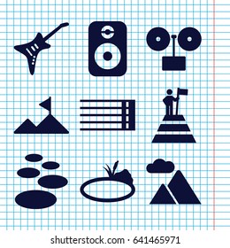 Set of 9 rock filled icons such as guitar strings, guitar, mountain, pond, speaker, man at the top of the mountain with flag, spa stone