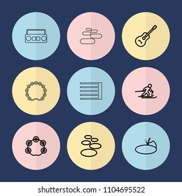 Set of 9 rock outline icons such as spa stone, guitar, tambourine, pond, skiing, guitar strings
