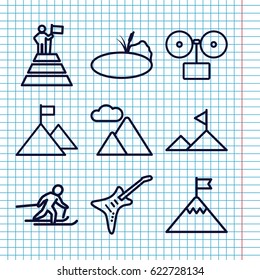 Set of 9 rock outline icons such as guitar, mountain, pond, skiing, gramophone, man at the top of the mountain with flag