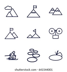 Set of 9 rock outline icons such as mountain, pond, skiing, gramophone, flag on mountain