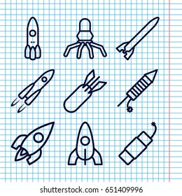 Set of 9 rocket outline icons such as rocket, fireworks, firework