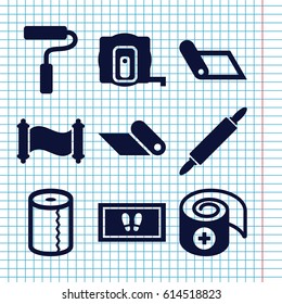 Set of 9 roll filled icons such as measure tape, foot carpet, paper towel, bandage, paint roller, dough pin, carpet