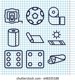 Set Of 9 Roll Outline Icons Such As Measure Tape, Dice, Paper Towel, Wrap Sandwich, Carpet In The Sun, Carpet