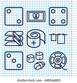 Set of 9 roll outline icons such as dice, foot carpet, cloth hanging, bandage, film tape, blinds