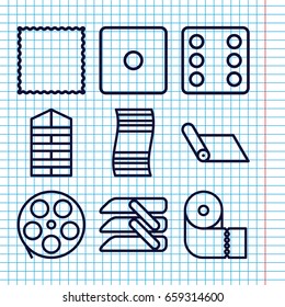 Set of 9 roll outline icons such as shutter blinds, dice, carpet, paper towel, blinds, fitness carpet