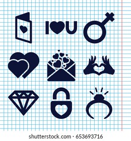 Set of 9 romance filled icons such as ring, diamond, love letter, male, heart lock, i love you, heart tag, love card
