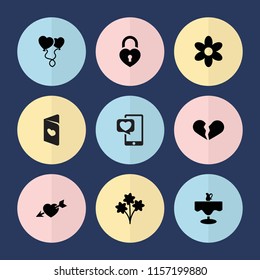 Set of 9 romantic filled icons such as flower, broken heart, bouquet, heart balloons, restaurant table