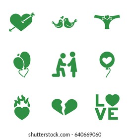 set of 9 romantic filled icons such as heart with arrow, broken heart, love word, lovebirds