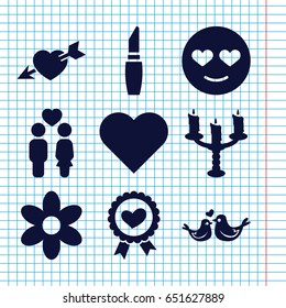 Set of 9 romantic filled icons such as flower, lipstick, emot in love, couple, heart ribbon, lovebirds, heart with arrow, candlestick