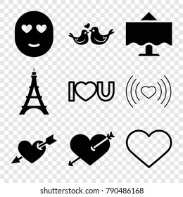 Set of 9 romantic filled and outline icons such as heart with arrow, lovebirds, restaurant table, i love you, heart, eiffel tower