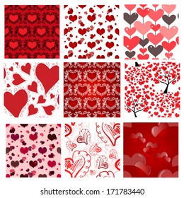 set of 9 romantic seamless patterns with decorative hearts, design element