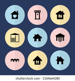Set of 9 roof filled icons such as door with heart, family house, home with heart, home, family home, garage