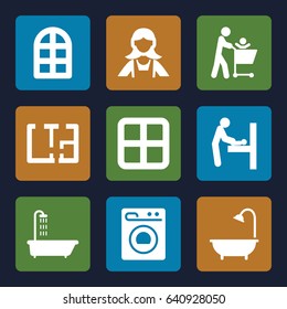 Set of 9 room filled icons such as baby changing room, shower, window, maid, washing machine, plan