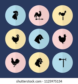 Set of 9 rooster filled icons such as chicken, weather vane