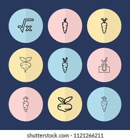 Set of 9 root outline icons such as carrot, beet, square root, carrot on fork