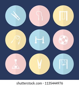 Set of 9 rope filled icons such as swing, cloth pin, red carpet, lifebuoy, skipping rope
