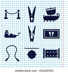 Set of 9 rope filled icons such as fence, cloth pin, foot carpet, water military
