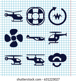 Set of 9 rotate filled icons such as helicopter, fan, medical helicopter, heartbeat