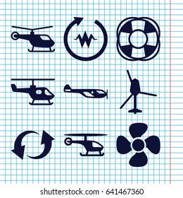 Set of 9 rotate filled icons such as helicopter, fan, update