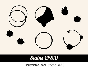 Set of 9 round black grunge circle ring stains, wine or coffee, isolated on white background. Monochrome vector illustration EPS10