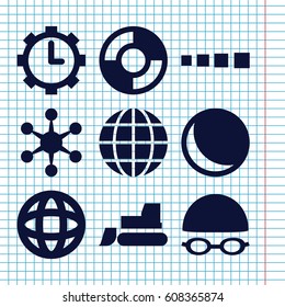 Set of 9 round filled icons such as tractor, clock in gear, swimming hat and glasses, lifebuoy, globe, sphere, virus