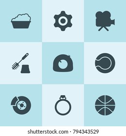 Set of 9 round filled icons such as tire repair, gear, break, basin, toilet brush, movie camera, ring, basketball
