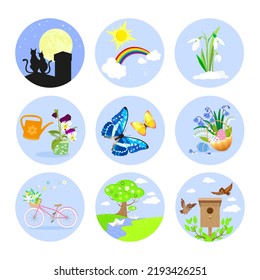 Set of 9 round flat color icons on a blue background on a spring theme