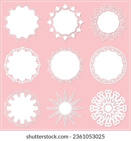 Set of 9 round frame with swirls, vector ornament, vintage frame. White frame with lace for paper or wood cutting. Doily ornament. Round decor pattern.