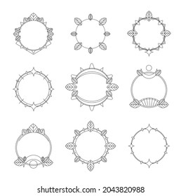 Set of 9 round frames. Geometric tamplate, border, wreath with floral elements. Decorative illustrations with editable lines.