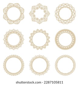 Set of 9 round golden mandala border design for logo, invitation and traditional designs