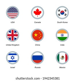Set of 9 round icons with flags. USA, United Kingdom, South Korea, Canada, China, India, Israel Russia and Mexico
