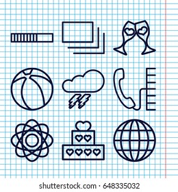 Set of 9 round outline icons such as thunder, clink glasses, burst, beach ball, phone, atom, cake, loading