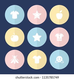 Set of 9 rounded filled icons such as confused emot, star, apple, t-shirt, fly