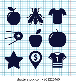 Set of 9 rounded filled icons such as apple, fly, t-shirt, star, dollar location