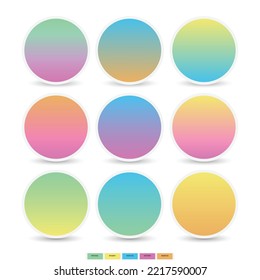 Set of 9 Rounded holographic pastel color combination gradient sphere buttons. Multicolor colorful soft round buttons or vivid color spheres flat vector set